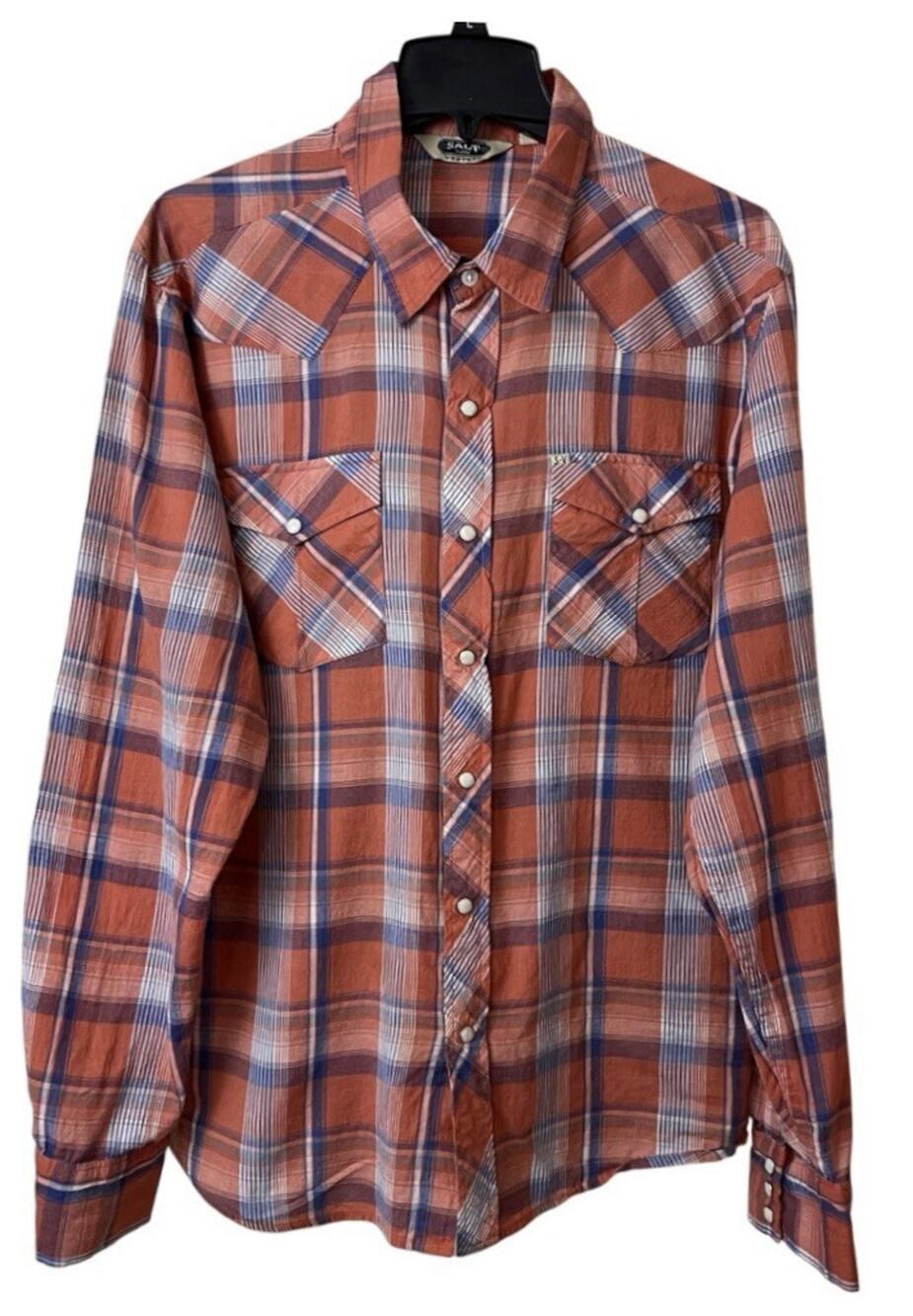 Salt Valley Western Shirt Mens Size XL Orange Plaid Pearl Snap Long Sleeve